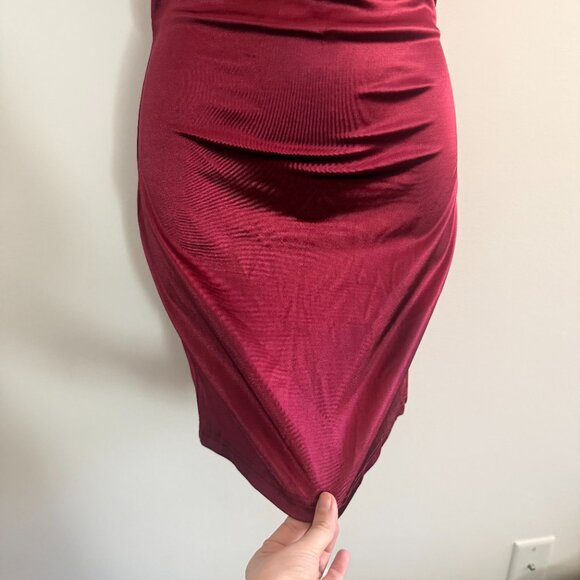 PeachPuff Burgundy Satin Slip Dress | Deep U Back | Curve Hugging | Size L - Picture 6 of 9